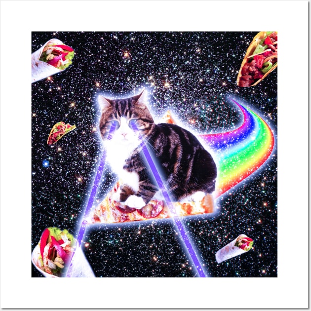 Laser Eyes Space Cat Riding Rainbow Pizza Wall Art by Random Galaxy